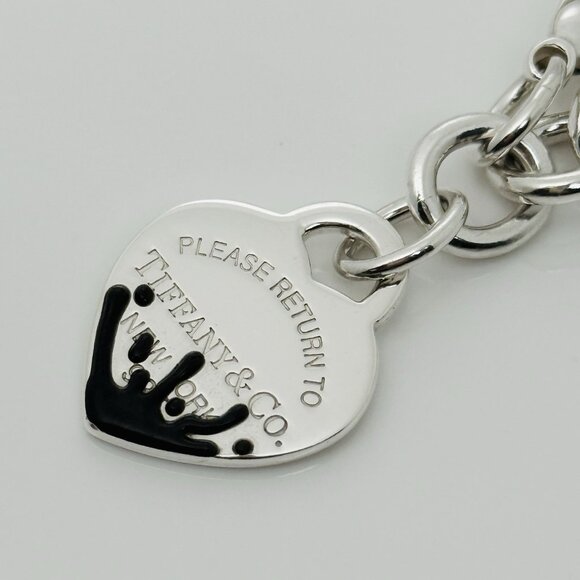 Large Please Return to Tiffany Black Color Splash Enamel Heart Tag Bracelet - Picture 4 of 8
